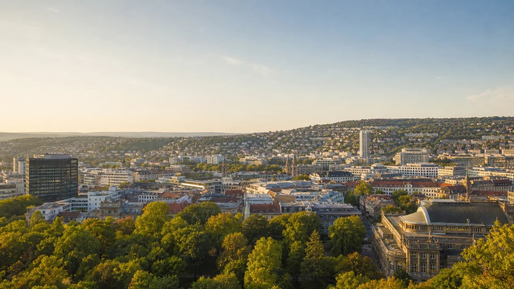 Panoramic view across Stuttgart city centre and the surrounding hills